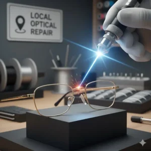 Precision laser soldering process used to fix glasses frame near me quickly.