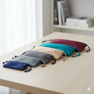 A collection of microfiber eyeglass pouch displayed in different colors and sizes to showcase the available variety.