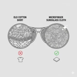 Diagram comparing the abrasive fibers of a cotton shirt to the fine fibers of a better sunglass cleaning cloth.