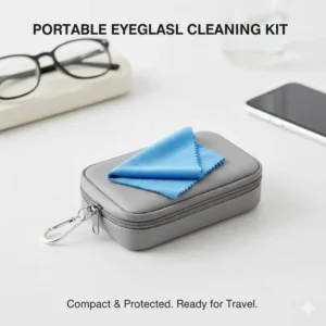 A compact travel pouch containing a folded lens cleaning cloth for glasses for easy portability.