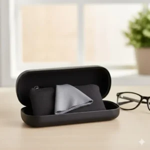 A folded portable lens cloth for glasses tucked neatly into a small carrying pouch or eyeglasses case.