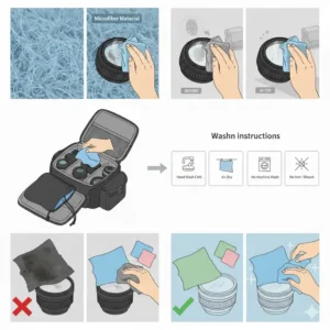 A clear illustration of the camera lens cloth in use, effectively lifting a prominent oily smudge or fingerprint from the glass surface of a camera lens.