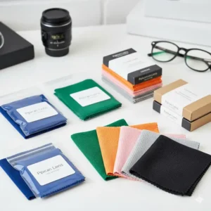 Assortment of different colors and packaged sizes of the premium microfiber optical lens cloth.