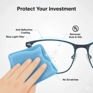 A soft lens cleaning cloth for glasses safely removing smudges from anti-reflective coated lenses.