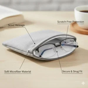 Cutaway illustration showing a pair of prescription lenses securely nestled inside the microfiber eyeglass pouch for scratch-free protection.