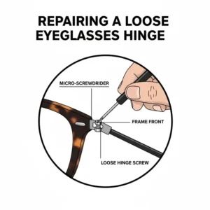 A micro-screwdriver tightening a small screw in a loose eyeglasses hinge during a DIY repair.