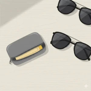 A small, neatly folded sunglass cleaning cloth stored in a compact, protective carrying case, highlighting its portability.