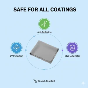 An eyeglass lens cleaning cloth being used on lenses with anti-reflective coatings.