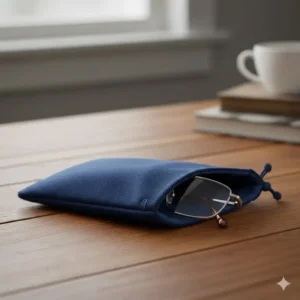 The lightweight microfiber eyeglass case easily sliding into the small pocket of a backpack, emphasizing its portability for travel and daily commute.