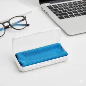 Compactly folded microfiber optical lens cloth shown in its portable protective storage case.