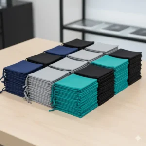 Image illustrating a stack of folded microfiber eyeglass pouch suitable for bulk storage or as promotional items for eyewear businesses.