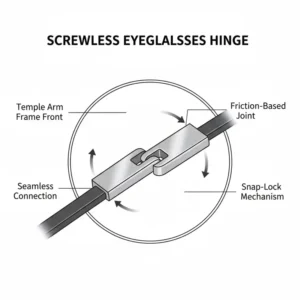Modern screwless eyeglasses hinge technology using interlocking metal friction instead of hardware.