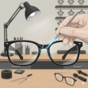 Specialist repairing a cracked plastic bridge to fix glasses frame near me.