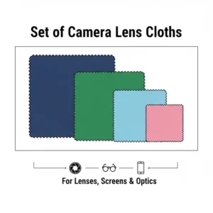 A collection or set of camera lens cloths displayed in various colors and sizes, suitable for different types of camera equipment.