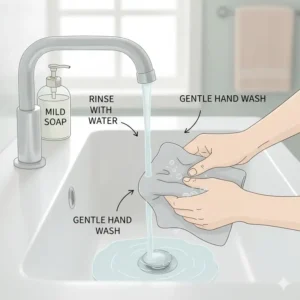 A graphic illustrating the proper way to wash and care for a reusable lens cloth for glasses to maintain its effectiveness.