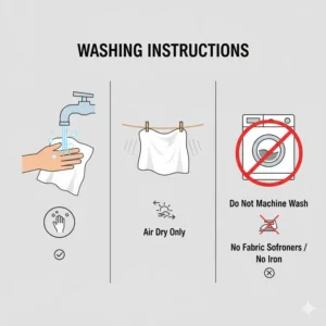 Clear graphic illustrating the proper way to wash and care for your reusable microfiber sunglass cleaning cloth.