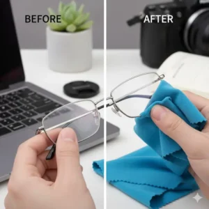 Side-by-side comparison of a dirty lens and the clean result using the microfiber optical lens cloth.