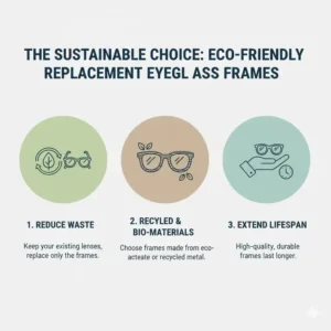Concept art highlighting the environmental benefits of using sustainable replacement eyeglass frames.