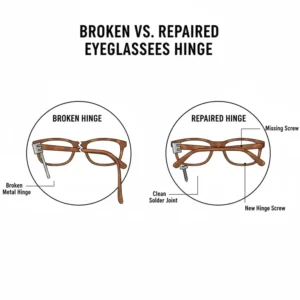 Side-by-side comparison of a broken eyeglasses hinge and a professionally soldered replacement.