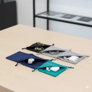 Image showing the versatile microfiber eyeglass pouch holding small items like jewelry, watches, or phone charging cables besides just eyeglasses.