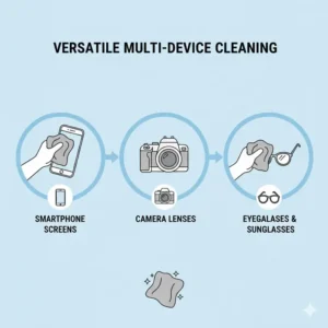Using a versatile eyeglass lens cleaning cloth on a smartphone screen and camera lens.