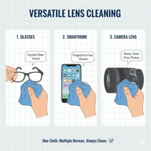 A versatile lens cleaning cloth for glasses being used to clean a smartphone screen and a tablet.