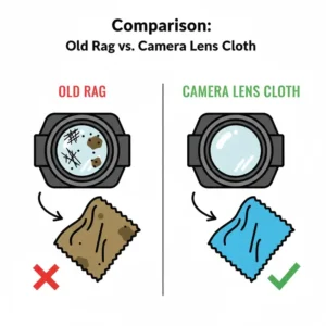 A visual comparison showing a damaged lens (scratches) from using an old rag versus a perfectly clean lens after using a professional camera lens cloth.