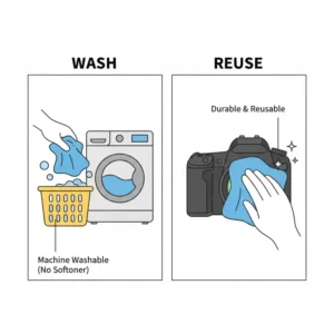 A guide on how to wash and maintain a reusable microfiber cloth for camera lens.