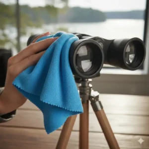 Detail shot of the microfiber optical lens cloth being used on high-end binoculars.