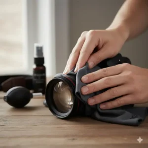 Hand gently using the camera lens cleaning cloth to wipe a large telephoto lens, illustrating the proper cleaning technique.