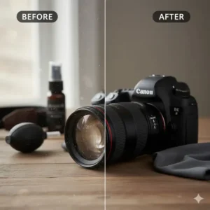 Split image showing the difference between a lens view obstructed by smudges and a clear, clean lens after using a camera lens cleaning cloth.