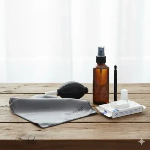 Full camera cleaning kit contents, including the essential camera lens cleaning cloth, air blower, and cleaning solution.