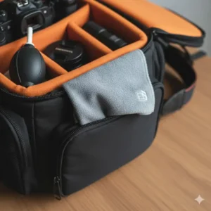 Compactly folded camera lens cleaning cloth stored neatly in a small pouch within a photographer's camera bag for easy portability.