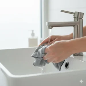 Image showing how to hand-wash and care for a reusable camera lens cleaning cloth to maintain its effectiveness.