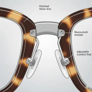 Close-up technical view showing the adjustable metal arms of acetate glasses with nose pads.