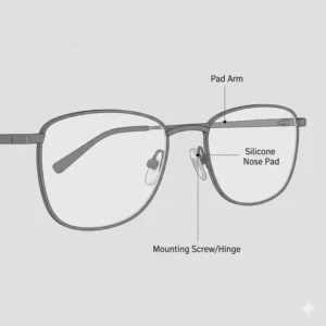 A detailed anatomy diagram showing the parts of adjustable nose pads on metal frames.