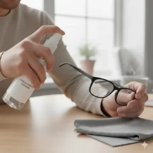A close-up action shot of a person using an eyeglass cleaner spray on a pair of smudged spectacles.