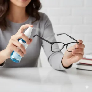 A person spraying eyewear lens cleaner onto a pair of black rimmed glasses.