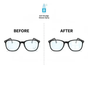 A side-by-side comparison showing the effectiveness of an anti smudge glasses spray on dirty versus clean lenses.
