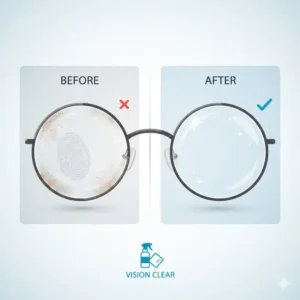 A side-by-side comparison of blurry, smudged lenses versus clear lenses after using an effective glasses cleaner.