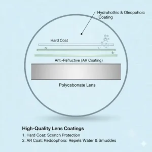 : A technical diagram showing how the best eyeglass cleaner for coated lenses protects anti-reflective and hydrophobic layers.