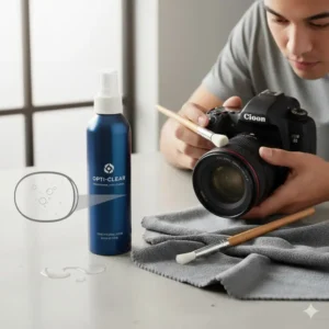 Using an optical lens cleaner and a soft brush to remove dust from a DSLR camera lens.