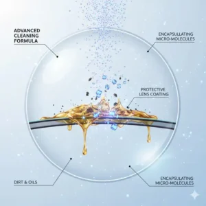 A technical diagram showing the molecular action of lens cleaners for eyeglasses on dirt.