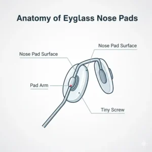 Detailed diagram of eyeglass components explaining why certain glasses nose pads hurt based on their anatomy.
