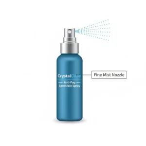 Illustration showing a compact bottle of anti-fog spray for spectacles with a fine mist nozzle.