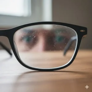 Close-up of blurry and smudged eyeglasses that require a lens cleaner for spectacles to remove fingerprints.