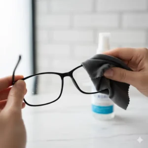 Close-up of a soft microfiber cloth wiping away smudges with eyewear lens cleaner.