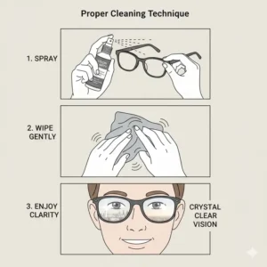 Instructional guide showing the correct steps to apply lens cleaners for eyeglasses.