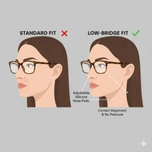 A comparison showing the superior fit of acetate glasses with nose pads for low bridge facial profiles.