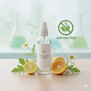 An informative graphic showing the non-toxic and natural ingredients found in this eyeglass cleaner spray.